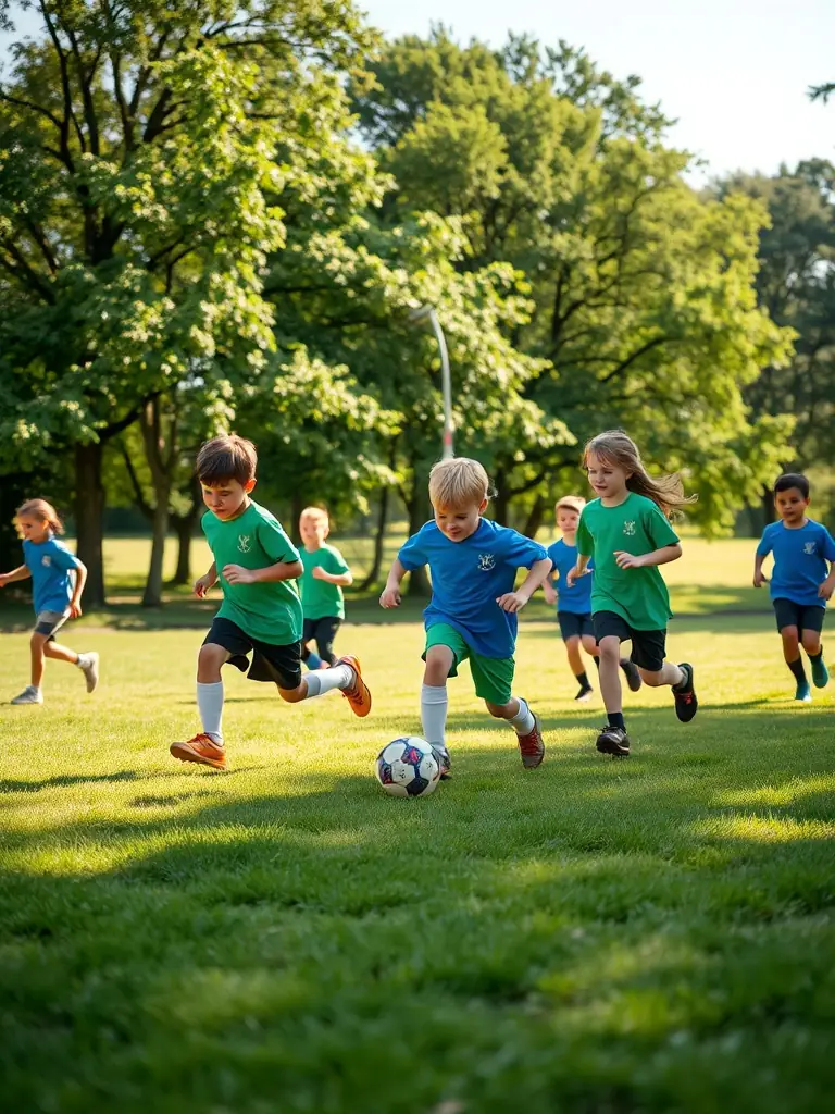 A group of children playing soccer in a local park, wearing JEUNESSE ET SPORTS DE TALIZAT jerseys, showcasing the youth sports program.