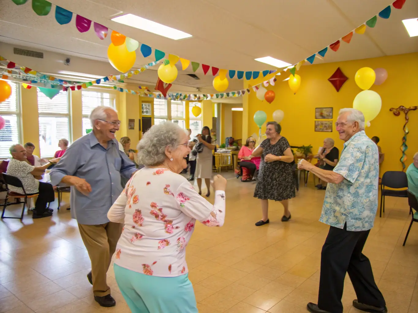 An image of adults participating in a lively dance class in a community center, smiling and enjoying the activity, showcasing the Recreational Activities for Adults program at JEUNESSE ET SPORTS DE TALIZAT.