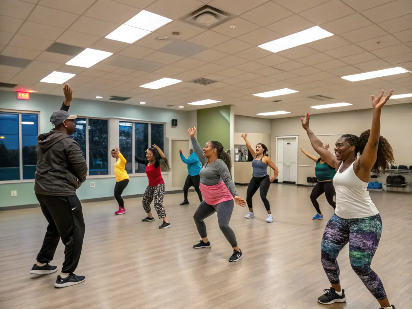 An image of adults participating in a lively dance class in a community center, smiling and enjoying the activity, representing the Recreational Activities for Adults.