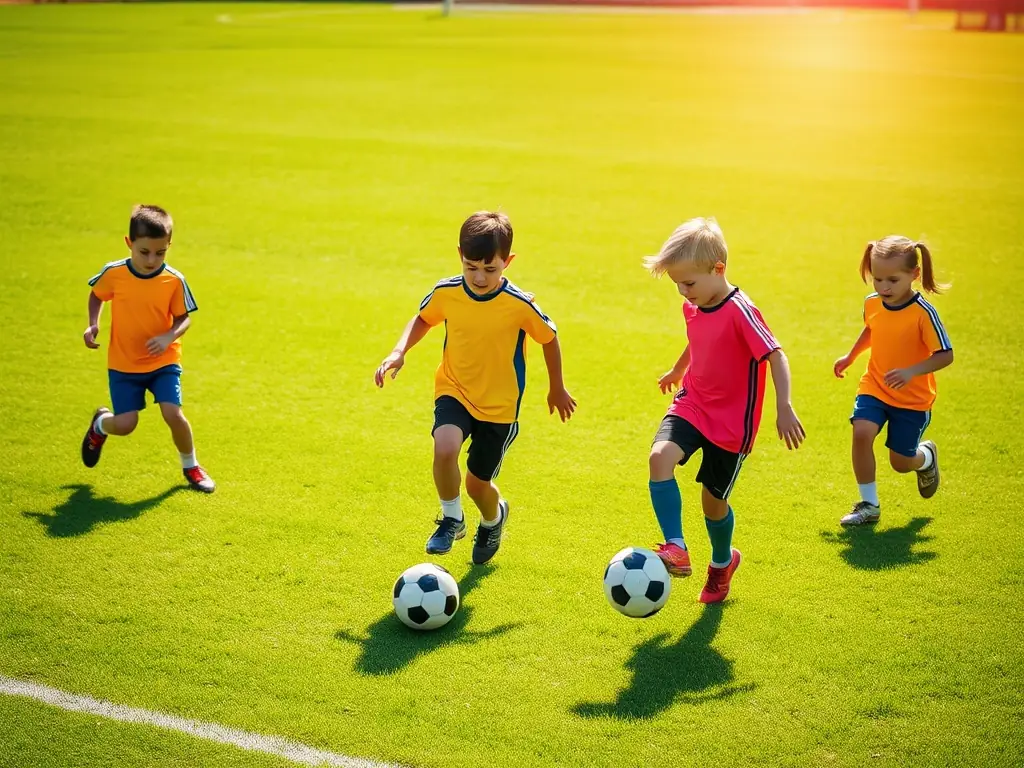 A vibrant image of children playing soccer on a sunny field, smiling and actively participating in a team game, representing the Youth Sports Programs offered by JEUNESSE ET SPORTS DE TALIZAT.