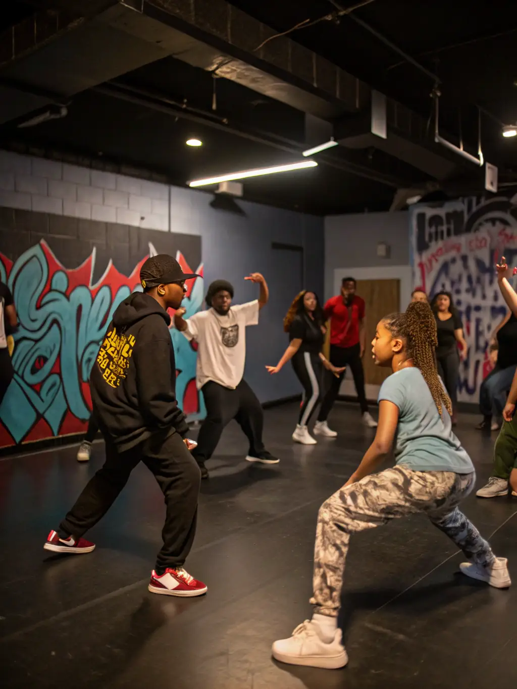 Participants in a dance workshop, learning new dance moves and enjoying a social activity.