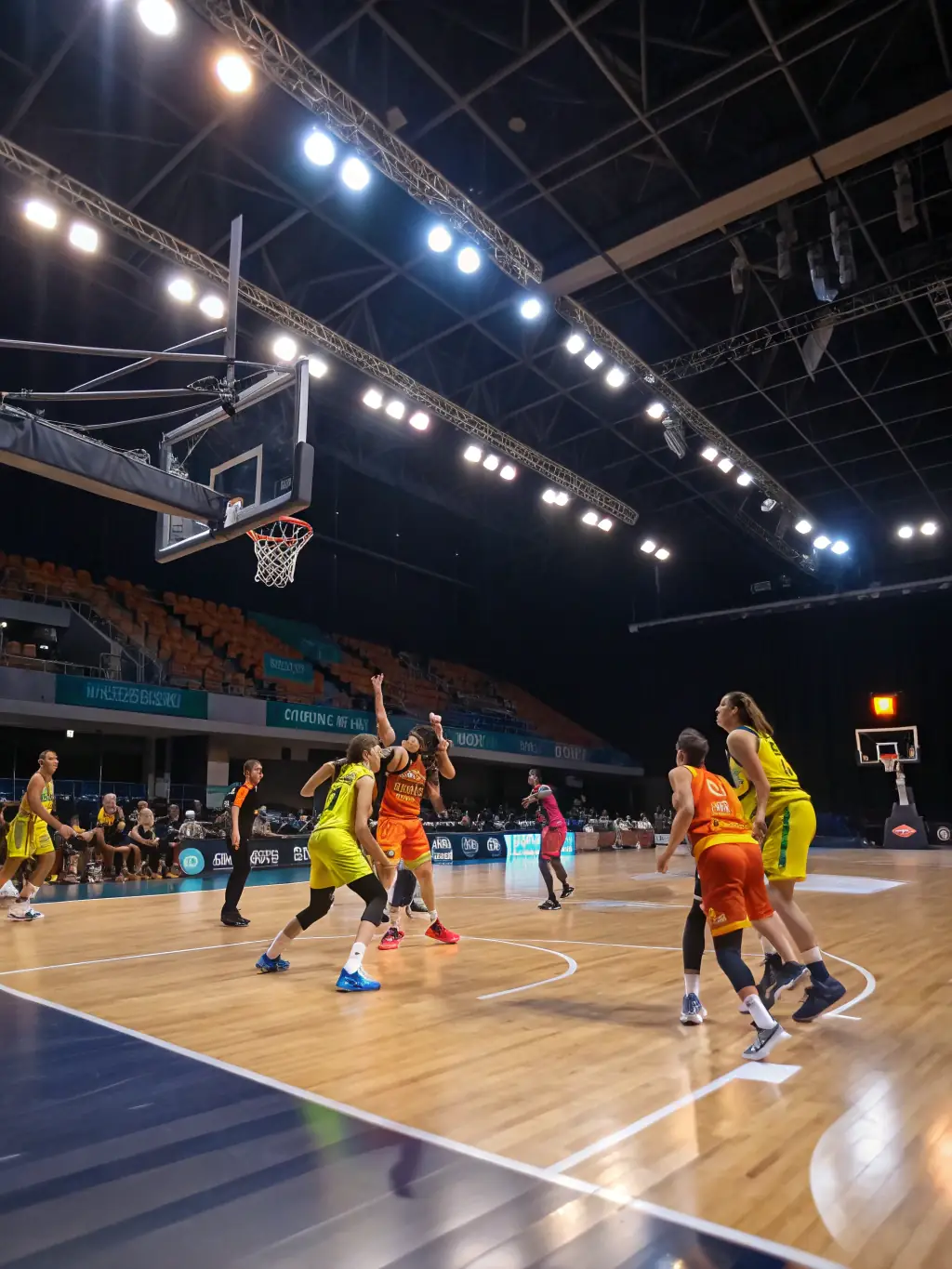 A group of teenagers playing basketball in an indoor court in Talizat, demonstrating the Youth Basketball League.