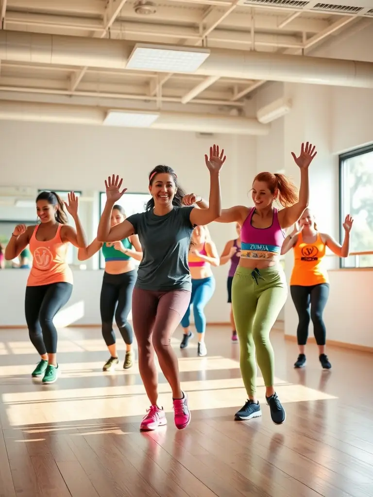 Adults participating in a Zumba class in a community hall in Talizat, with an instructor leading the dance moves, promoting Recreational Activities for Adults.