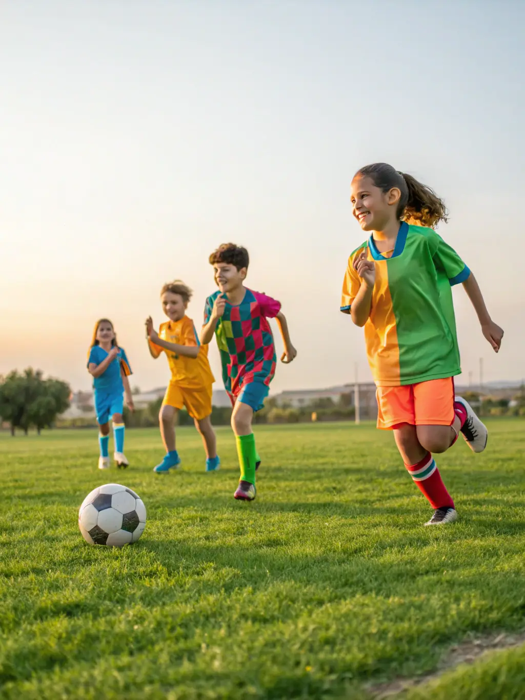 A group of children playing soccer on a sunny field in Talizat, wearing sports uniforms and smiling, showcasing the Youth Sports Programs.
