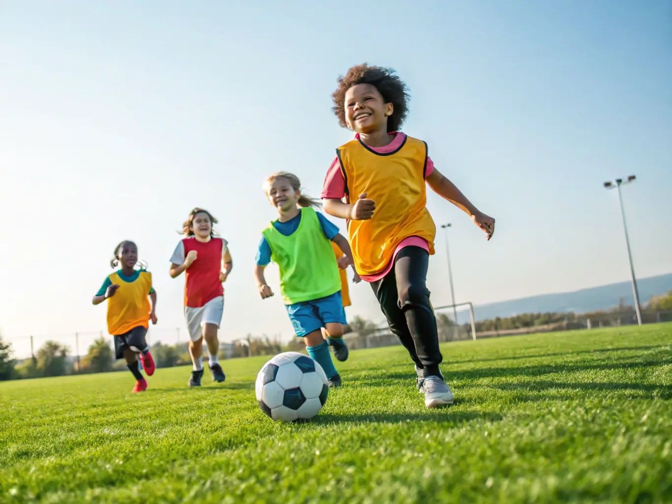 A vibrant image of children playing soccer on a sunny field, smiling and actively participating in a team game, representing the Youth Sports Programs.